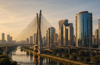 Ponte estaiada e horizonte de São Paulo ao entardecer